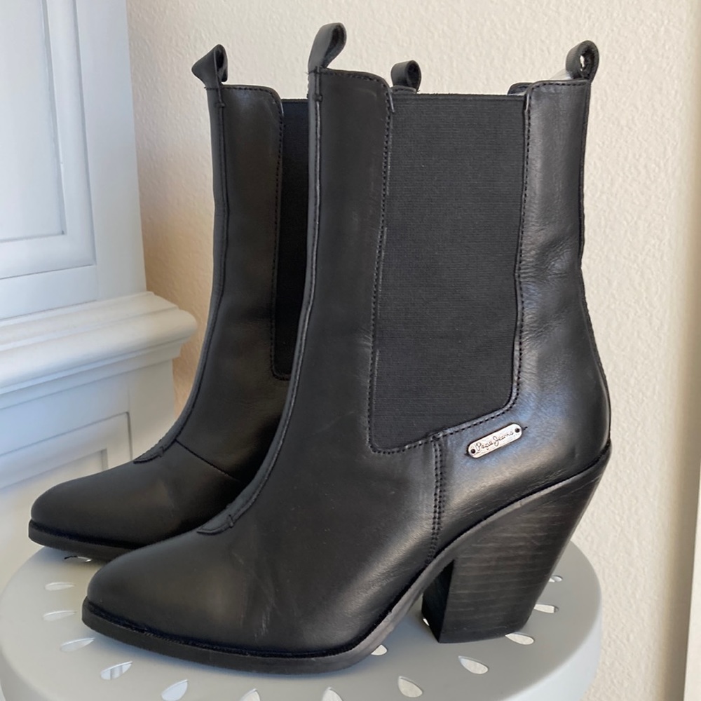 Pepe Jeans London Black Leather Cowboy Western Boot Bootie w Goring size EU 37 - Picture 3 of 17